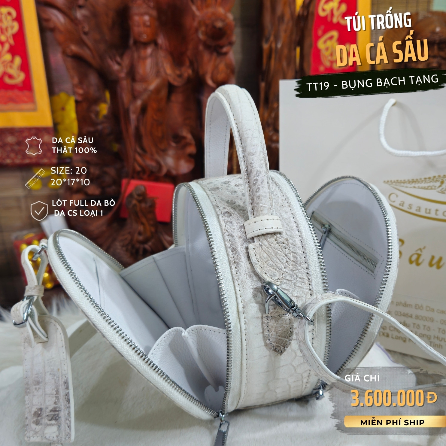 Túi Trống Da Cá Sấu Bụng Bạch Tạng TT19 Cao Cấp | Chính Hãng Cá Sấu Tô Tô - Ảnh 2