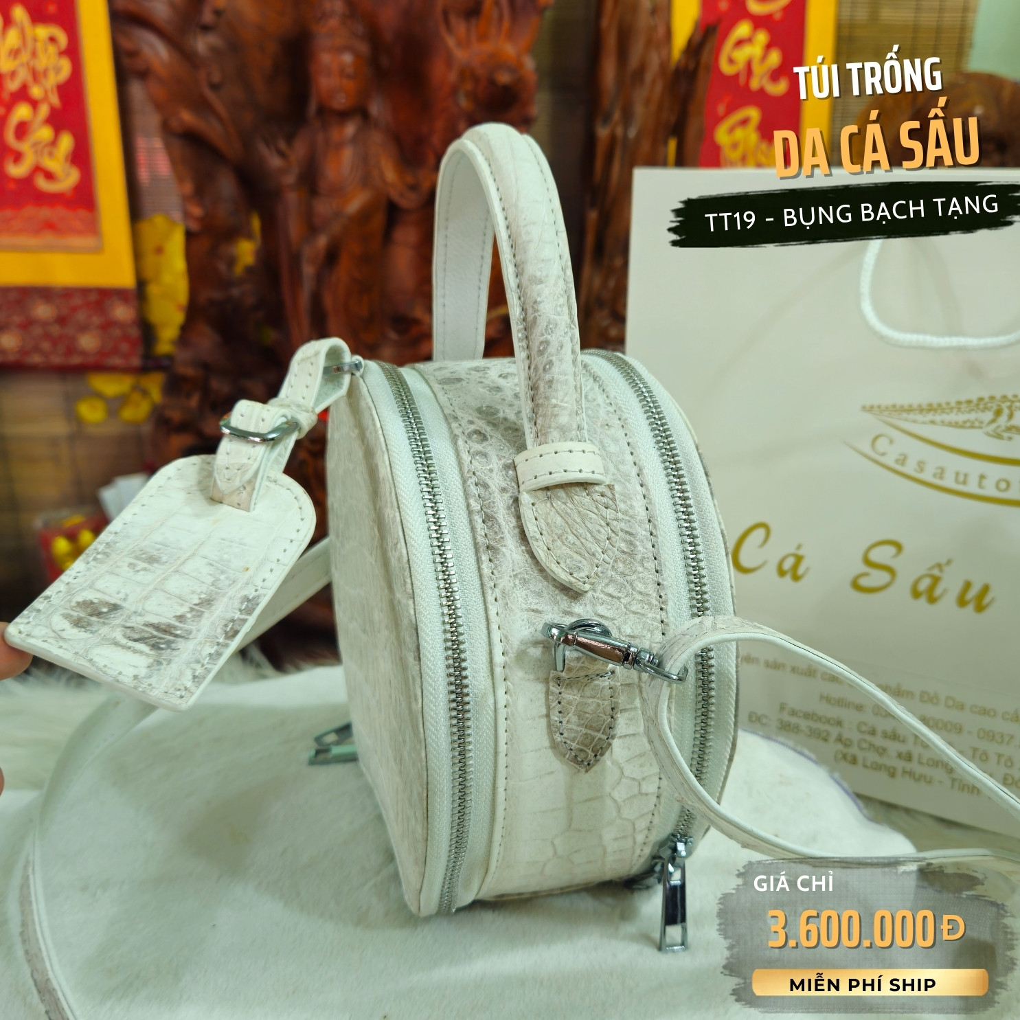 Túi Trống Da Cá Sấu Bụng Bạch Tạng TT19 Cao Cấp | Chính Hãng Cá Sấu Tô Tô - Ảnh 3